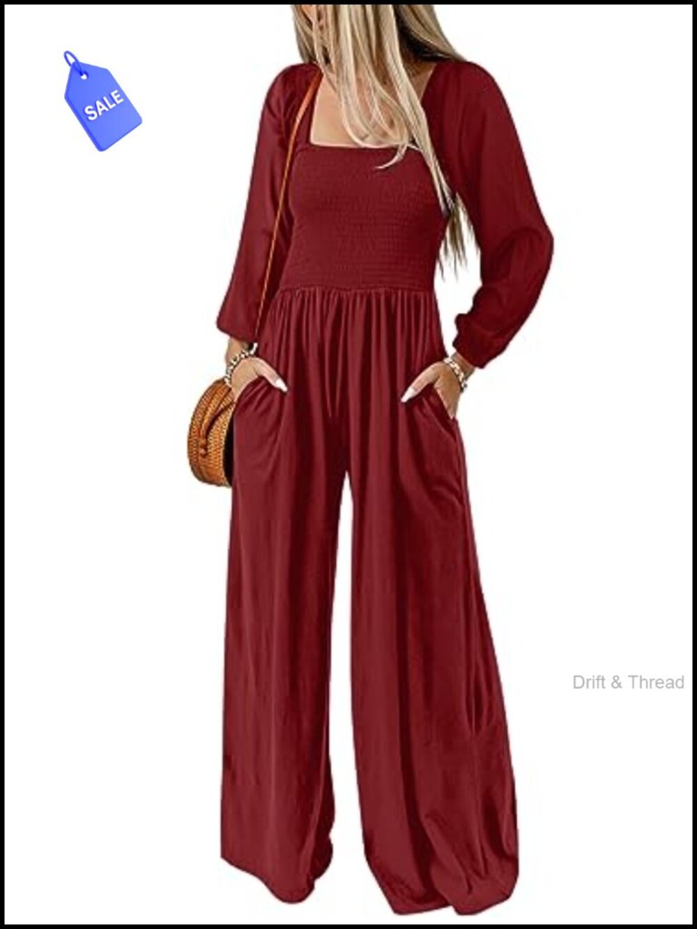 Wide Leg Jumpsuit One Piece Long Sleeve Square Neck Loose Fit Casual Romper